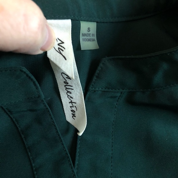 NY Collections Forest Green Blouse Silver Buttons Breast Pockets Tab Long Sleeve - Picture 4 of 7